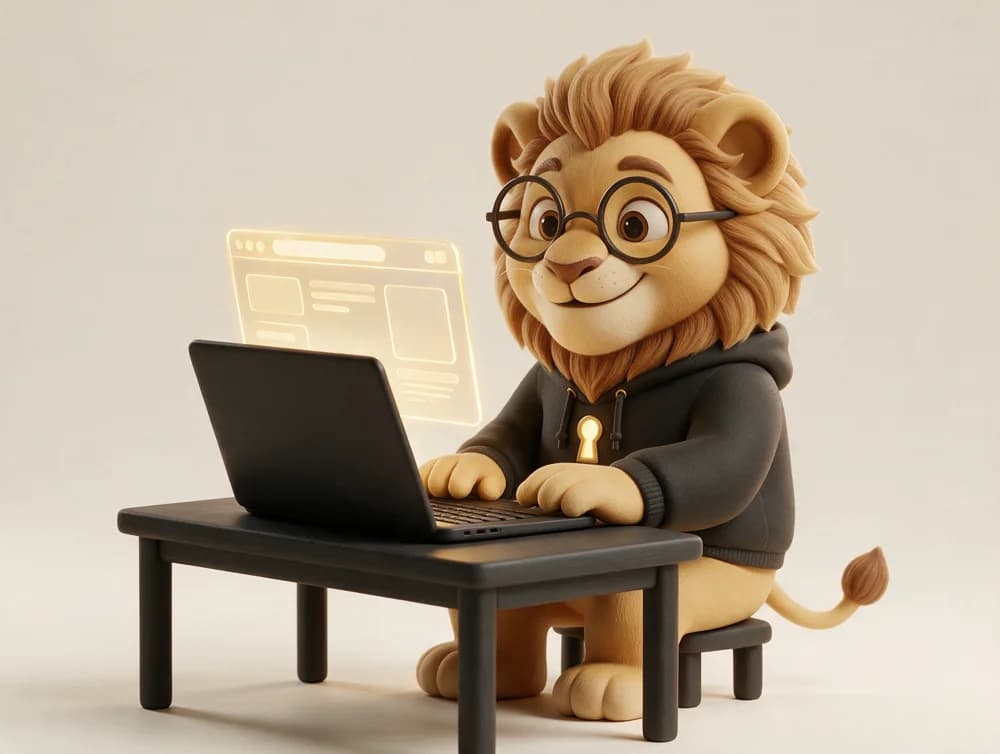 El león guardián construye un sitio web en su portátil